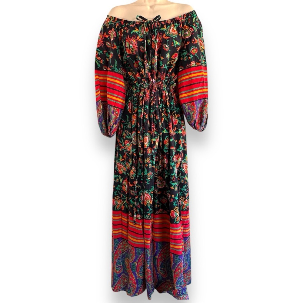 Vintage Loungees 60s 70s Boho Print Zip Front Maxi Dress Size Large